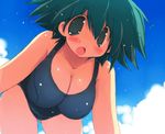  bent_over blush breasts cleavage green_eyes green_hair large_breasts one-piece_swimsuit original sakaki_(noi-gren) school_swimsuit short_hair solo swimsuit wet 