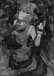  absurdres azya bad_id bad_pixiv_id bare_shoulders blood dress fang greyscale grin hat head_tilt highres monochrome remilia_scarlet short_hair smile solo star touhou 