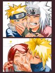  1girl 3boys affectionate blonde_hair blush commentary_request family father_and_child father_and_son gamu_camu highres jiraiya_(naruto) long_hair mother_and_child mother_and_son multiple_boys namikaze_minato naruto_(series) parent_and_child red_hair smile spiked_hair teacher_and_student uzumaki_kushina uzumaki_naruto white_hair 