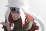  1boy commentary facial_mark flak_jacket forehead_protector highres jacket jiraiya_(naruto) long_hair male_focus naruto_(series) solo spiked_hair sya_ke untranslatable_commentary whisker_markings white_hair 