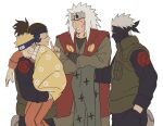  4boys blonde_hair brown_hair douchi_xo facial_mark flak_jacket forehead_protector grey_hair hatake_kakashi highres jacket jiraiya_(naruto) konohagakure_shinobi_uniform konohagakure_symbol male_focus multiple_boys naruto_(series) sleeping teacher_and_student umino_iruka uzumaki_naruto whisker_markings white_hair 