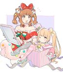  2girls :3 :d asymmetrical_legwear black_pantyhose blonde_hair blush bow box braid breasts brown_eyes brown_hair christmas cleavage dress full_body futaba_anzu hair_bow hat highres idolmaster in_box in_container kirakira_p_cyan long_sleeves medium_breasts mini_hat mini_top_hat moroboshi_kirari multiple_girls one_eye_closed panties pantyhose pink_eyes pink_panties santa_costume santa_dress side_ponytail smile strapless strapless_dress top_hat underwear wide_sleeves 