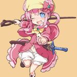  blue_eyes bow hat najimi_shin navel one_eye_closed open_mouth pink_bow pink_hair sheath sheathed sherlock_shellingford solo staff sword tantei_opera_milky_holmes weapon 