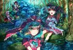  animal_ears bad_anatomy bad_proportions barefoot black_hair blue_eyes blue_hair detached_sleeves dress forest front_ponytail geta green_eyes green_hair hair_bobbles hair_ornament hat highres hoshika_ranoe inubashiri_momiji kagiyama_hina kawashiro_nitori multiple_girls nature ribbon river shameimaru_aya skirt soaking_feet tokin_hat touhou tree two_side_up water white_hair wings wolf_ears 