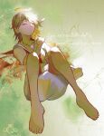  1girl absurdres angel barefoot brown_hair closed_eyes closed_mouth commentary copyright_logo dress english_text expressionless full_body green_background haibane_renmei halo highres koiifisher logo medium_hair messy_hair rakka_(haibane_renmei) self_hug short_sleeves solo static_cling traditional_halo white_dress wings 