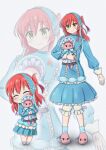  absurdres bloomers blue_bow blue_dress blue_flower blue_headband blue_skirt blue_socks blush bocchi_the_rock! bow cardcaptor_sakura chibi commentary_request commission cosplay cube_hair_ornament doll dress flower frilled_dress frills full_body gotoh_hitori gotoh_hitori_(tsuchinoko) hair_ornament headband highres holding kinomoto_sakura kinomoto_sakura_(cosplay) kinomoto_sakura_(gift) kita_ikuyo lolita_fashion long_hair long_sleeves official_alternate_costume outstretched_arm pink_slippers puffy_long_sleeves puffy_sleeves red_hair sim_evo simple_background skirt slippers smile socks sweet_lolita white_background white_bloomers yellow_eyes 