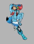  2022 :< anthro armor blue_hair boots brand_new_animal breasts brown_body canid canine clothed clothing cosplay crossover crossover_cosplay dipstick_tail facial_markings female footwear frown full-length_portrait furgonomic_helmet furgonomics grey_background hair head_markings headgear helmet hi_res high5art holding_armor holding_headgear holding_helmet holding_leg holding_object leg_armor looking_at_viewer mammal markings mask_(marking) metroid metroid_dread michiru_kagemori nintendo pauldron portrait pose raccoon_dog raised_leg samus_aran shoes signature simple_background skinsuit small_breasts solo studio_trigger tail tail_markings tanuki tight_clothing zero_suit 