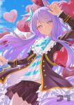  1girl absurdres animal_ears aqua_bow aqua_bowtie balloon black_jacket black_skirt blush bow bowtie coat commentary_request ear_bow ear_ribbon frilled_coat frilled_jacket frills heart_balloon highres horse_ears horse_girl horse_tail jacket jtleeklm long_hair long_sleeves looking_at_viewer mejiro_mcqueen_(frontline_elegance)_(umamusume) mejiro_mcqueen_(umamusume) open_mouth pleated_skirt purple_eyes purple_hair revision ribbon shirt skirt smile solo striped_clothes striped_shirt tail umamusume 