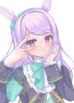  1girl animal_ears aqua_bow aqua_bowtie black_jacket blush bow bowtie closed_mouth coat commentary_request ear_bow ear_ribbon frilled_coat frilled_jacket frills horse_ears horse_girl jacket long_hair long_sleeves looking_at_viewer mejiro_mcqueen_(frontline_elegance)_(umamusume) mejiro_mcqueen_(umamusume) purple_eyes purple_hair ribbon setani_neco simple_background smile solo umamusume v white_background 