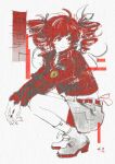  1girl absurdres ahoge arms_on_knees belt drill_hair ferrari formula_one highres holdwatermaster jacket kasane_teto light_smile logo looking_back monochrome patch red_eyes red_hair red_jacket red_nails spot_color squatting tagme twin_drills utau 