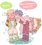  2boys arms_behind_back battle_tendency belt black_hair black_pants black_shirt blonde_hair blue_scarf blush boots bouquet brown_boots caesar_anthonio_zeppeli chuu_ni closed_eyes collared_jacket colored_speech_bubble commentary_request crop_top flower full_body gloves green_boots green_jacket grey_pants headband heart holding holding_bouquet italian_text jacket jojo_no_kimyou_na_bouken joseph_joestar joseph_joestar_(young) kiss kissing_cheek leaf male_focus midriff motion_lines multiple_boys open_clothes open_jacket pants pink_ribbon red_scarf ribbon scarf shirt speech_bubble standing striped_clothes striped_scarf sunflower white_background yaoi 