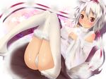  alza animal_ears bad_id bad_pixiv_id detached_sleeves hat inubashiri_momiji legs_up lying on_back panties red_eyes silver_hair skirt solo tail thighhighs tokin_hat touhou underwear white_legwear white_panties wolf_ears wolf_tail 