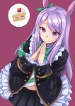  1girl animal_ears armband black_jacket black_skirt blush bow bowtie cake cake_slice closed_mouth coat commentary_request ear_bow ear_ribbon food frilled_coat frilled_jacket frills fruit green_armband green_bow horse_ears horse_girl jacket kokuriu long_hair long_sleeves looking_at_viewer mejiro_mcqueen_(frontline_elegance)_(umamusume) mejiro_mcqueen_(umamusume) pleated_skirt purple_background purple_eyes purple_hair ribbon shirt simple_background skirt smile solo spoken_food strawberry striped_clothes striped_shirt umamusume 