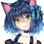  1boy animal_ears artist_name bare_shoulders black_choker black_hair black_jacket blue_bow blue_dress blue_hair blush bow cat_boy cat_ears choker closed_mouth collarbone colored_eyelashes commentary cutout_eyelashes double-parted_bangs dress english_commentary eyes_visible_through_hair frilled_dress frills fur-trimmed_jacket fur_trim gift_art gradient_hair green_eyes hair_between_eyes hair_bow jacket kuzururu light_particles male_focus medium_hair multicolored_hair one_side_up open_clothes open_jacket petite ryoune_yami sidelocks simple_background sleeveless sleeveless_dress smile solo trap two-tone_hair utau white_background 