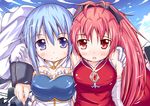  bare_shoulders blue_eyes blue_hair breasts cape fang gloves hair_ribbon long_hair mad_(hazukiken) magical_girl mahou_shoujo_madoka_magica medium_breasts miki_sayaka multiple_girls ponytail red_eyes red_hair ribbon sakura_kyouko short_hair smile 