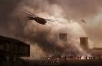  aircraft battle building chinese_commentary cloud cloudy_sky commentary_request destruction dune_(2021_movie) dune_(series) dust english_text fire helicopter highres logo military_vehicle outdoors painterly people running sand scenery sky smoke smokestack war zhongjusun 