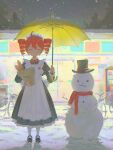  1girl ^_^ absurdres ahoge apron bag baguette bicycle black_shoes bread closed_eyes convenience_store drill_hair food full_body hat highres holding holding_umbrella kasane_teto looking_at_viewer maid maid_apron maid_headdress mary_janes night outdoors paper_bag shoes shop smile snow snowing snowman top_hat twin_drills umbrella utau vending_machine yaungpeng yellow_umbrella 