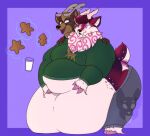  2_horns 2_toes 3_fingers anthro antlers behind_another belly belly_grab belly_on_ground big_belly biped blue_magic bottomwear brown_body brown_countershading brown_fur christmas christmas_clothing christmas_cookies christmas_sweater christmas_topwear chubby_cheeks clothing container cookie countershade_face countershade_fur countershade_tail countershading deep_navel deer duo feederism feeding feet fetlocks fingers food fur glass glass_container glass_of_milk green_clothing green_sweater green_topwear grey_bottomwear grey_clothing grey_pants hi_res holidays hoof_hands hooves horn huge_belly magic magic_user male male/male male_anthro mammal mane markings milk milk_container morbidly_obese morbidly_obese_anthro morbidly_obese_male navel new_world_deer obese obese_anthro obese_male overweight overweight_anthro overweight_male pants pink_eyes pink_hooves pink_markings red_body red_fur reindeer scut_tail short_tail slightly_chubby slightly_chubby_anthro slightly_chubby_male strawberrymilkdog sweater tail telekinesis toes topwear viktor_(doughieglowie) white_body white_countershading white_mane 
