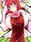 bandages blush breasts bun_cover chain chinese_clothes cuffs double_bun double_v gomesu hands_up huge_breasts ibaraki_kasen red_eyes red_hair short_hair smile solo tabard touhou v zoom_layer 