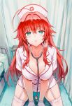 1girl ahoge bed blue_eyes breasts cleavage commentary doctor dress english_commentary garter_straps gloves hair_between_eyes hat high_school_dxd highres hospital hospital_bed large_breasts long_hair looking_at_viewer lunomirass nurse nurse_cap paid_reward_available red_hair red_trim rias_gremory short_sleeves simple_background solo stethoscope thighhighs very_long_hair white_thighhighs 