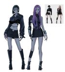  2girls alien_stage asymmetrical_clothes black_boots black_dress black_hair black_jacket black_nails black_skirt bob_cut boots bracelet commentary cosplay cropped_jacket dress fingernails giselle_(aespa) giselle_(aespa)_(cosplay) highres jacket jcqllrw83843 jewelry k-pop knee_boots long_fingernails long_hair mizi_(alien_stage) multiple_girls navel pink_hair purple_eyes short_hair skirt sleeveless sleeveless_dress sua_(alien_stage) very_long_hair white_background winter_(aespa) winter_(aespa)_(cosplay) yellow_eyes 