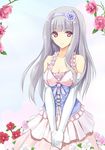  absurdres bangs bare_shoulders blunt_bangs collarbone corset dress elbow_gloves flower gloves hair_flower hair_ornament hairband hands_clasped highres idolmaster idolmaster_(classic) konimaru lips long_hair own_hands_together pink_eyes shijou_takane silver_hair smile solo v_arms 