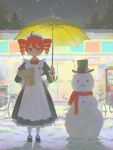  1girl absurdres ahoge apron bag bicycle black_shoes commentary_request convenience_store drill_hair expressionless full_body hat highres holding holding_umbrella kasane_teto looking_at_viewer maid maid_apron maid_headdress mary_janes night outdoors paper_bag shoes shop snow snowing snowman top_hat twin_drills umbrella utau vending_machine yaungpeng yellow_umbrella 