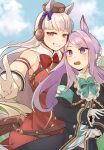  2girls animal_ears aqua_bow aqua_bowtie armband asoko_(user_takc5354) black_jacket black_skirt blue_sky blunt_bangs blush bow bowtie breasts brown_hat cloud coat commentary_request dress ear_bow ear_ribbon frilled_coat frilled_jacket frills gloves gold_ship_(red_strife)_(umamusume) gold_ship_(umamusume) grey_hair hat highres horse_ears horse_girl horse_tail jacket long_hair long_sleeves medium_breasts mejiro_mcqueen_(frontline_elegance)_(umamusume) mejiro_mcqueen_(umamusume) multiple_girls open_mouth outdoors pillbox_hat pleated_skirt purple_eyes purple_hair red_bow red_dress ribbon shirt skirt sky sleeveless sleeveless_dress small_breasts smile striped_armband striped_clothes striped_shirt sweatdrop tail teeth umamusume v white_gloves 