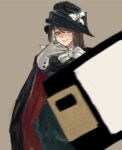  1girl aughtsix black_cape black_hat bow brown_background brown_hair cape closed_mouth floppy_disk gloves green_shirt hand_up hat hat_bow incoming_object long_hair looking_at_viewer meme motion_blur neckerchief red_eyes reverse:1999 semmelweis_(reverse:1999) shirt smile solo throwing tricorne upper_body white_bow white_gloves white_neckerchief woe_plague_be_upon_ye_(meme) 