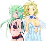  acha angel angel_and_devil bikini_top blonde_hair blue_eyes blush breast_hold breast_suppress breasts choker cleavage demon_girl drawr flat_chest gloves green_hair large_breasts lingerie long_hair multiple_girls navel negligee open_mouth original pointy_ears red_eyes tail underwear wings 