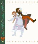  1boy 1girl aerith_gainsborough aerith_gainsborough_(fairy_of_snowfall) black_hair blue_eyes blue_necktie blush boots braid braided_ponytail brown_hair christmas coat commentary couple dress drill_hair drill_sidelocks english_commentary final_fantasy final_fantasy_vii final_fantasy_vii:_ever_crisis fingerless_gloves flower full_body gloves green_eyes grey_boots grey_coat grey_hat grey_sweater grin hat hetero high_heels highres illuscait lily_(flower) locked_arms long_sleeves looking_at_viewer necktie official_alternate_costume open_clothes open_coat pants parted_bangs pom_pom_(clothes) ponytail red_pants red_vest sidelocks simple_background smile spiked_hair sweater sweater_dress turtleneck turtleneck_sweater vest yellow_flower zack_fair zack_fair_(holiday_suit) 