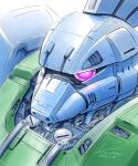  commentary_request dated gelgoog glowing glowing_eye gundam highres kobakin mecha mecha_focus mobile_armor mobile_suit mobile_suit_gundam no_humans one-eyed portrait robot science_fiction signature solo white_background zeon 