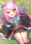 1girl absurdres animal_ears aqua_bow aqua_bowtie aqua_socks black_jacket black_skirt blush bow bowtie coat commentary_request ear_bow ear_ribbon frilled_coat frilled_jacket frills from_above grass highres horse_ears horse_girl horse_tail jacket long_hair long_sleeves looking_at_viewer lupi_(lupinel9) mejiro_mcqueen_(frontline_elegance)_(umamusume) mejiro_mcqueen_(umamusume) open_mouth pleated_skirt purple_eyes purple_hair ribbon shirt sitting skirt smile socks solo striped_clothes striped_shirt tail teeth umamusume upper_teeth_only 