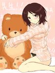  amagami black_panties blush brown_eyes brown_hair frown highres panties shirt solo stuffed_animal stuffed_toy sweat takahashi_maya teddy_bear teyuno underwear wavy_mouth 