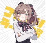  1girl black_ribbon black_skirt blue_gem blush breasts brown_hair center_frills closed_mouth collared_shirt commentary_request crossed_arms emphasis_lines food food_on_face food_on_hair frilled_shirt frills gem green_eyes hair_intakes hair_ornament hair_ribbon hairclip hewdrawobake highres kamaboko large_breasts long_hair long_sleeves looking_at_viewer narutomaki nijisanji pink_ribbon ponytail ribbon shirt skirt smile solo striped_clothes striped_ribbon striped_skirt suzuhara_lulu suzuhara_lulu_(1st_costume) translation_request two-tone_ribbon vertical-striped_clothes vertical-striped_skirt virtual_youtuber white_background white_shirt 