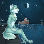  bay blue_fur blue_theme cat claws ear_piercing feline female fur green_eyes light mammal moon necklace night nude piercing ship side_view sitting solo stars toe_claws vine_(artist) water 