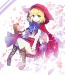  1girl basket blonde_hair blue_eyes blue_ribbon boots brown_boots buttons cloak commentary full_body gijxgij grimms_notes hand_up highres holding holding_basket hood hooded_coat looking_at_viewer medium_hair neck_ribbon open_mouth red_cloak red_riding_hood_(grimms_notes) red_riding_hood_(original)_(grimms_notes) ribbon shirt solo striped_ribbon teeth thighhighs thighs untranslatable_commentary upper_teeth_only white_background white_shirt white_thighhighs 