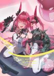  1girl absurdres arknights arknights:_endfield artzy_tyrannical_(arknights) black_horns breasts commentary_request diamond_in_eye dragon_girl dragon_horns dragon_tail gloves hair_intakes hair_on_horn highres horns lori0212 multicolored_gloves multicolored_horns pants pink_gloves pink_hair pink_horns pink_sleeves pink_tube_top strapless tail tube_top two-sided_gloves two-tone_gloves two-tone_horns white_pants yvonne_(arknights) 