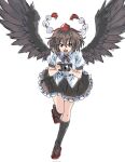  1girl black_hair black_ribbon black_skirt black_socks black_wings camera collared_shirt commentary_request feathered_wings frilled_skirt frills full_body geta hat highres holding holding_camera kametoyou kneehighs neck_ribbon open_mouth pom_pom_(clothes) red_eyes red_hat ribbon ribbon-trimmed_shirt ribbon_trim shameimaru_aya shirt short_sleeves simple_background skirt socks solo tengu-geta tokin_hat touhou translation_request white_background white_shirt wings 