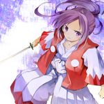  hakama japanese_clothes kataginu katana kimono meira ogawa_maiko ponytail purple_eyes purple_hair sarashi solo sword touhou touhou_(pc-98) wavy_mouth weapon 