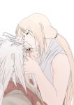  1boy 1girl blonde_hair cokiebeard facial_mark highres jiraiya_(naruto) kiss kissing_forehead long_hair mature_female mature_male naruto_(series) tsunade_(naruto) whisker_markings white_hair 