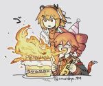  2girls birthday birthday_cake black_sleeves blonde_hair blue_jacket blush breath_weapon breathing_fire cake candle closed_eyes commentary detached_sleeves drill_hair fang fire food fork grey_background hato_no_mune_wo_momitai holding holding_fork holding_knife jacket kagamine_rin kasane_teto kasane_teto_(utau) knife multiple_girls number_tattoo open_mouuth orange_eyes orange_shirt red_hair red_shirt shirt short_hair shoulder_belt shoulder_tatto simple_background sleeveless sleeveless_shirt tail_belt tattoo twin_drills untranslatable_commentary upper_body utau vocaloid 