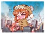  >_< 1girl animal_costume bear_costume blush bocchi_the_rock! boko_(girls_und_panzer) breath_weapon breathing_fire brown_hair chibi city closed_mouth commentary_request destruction explosion eyepatch fire giant giant_monster giantess girls_und_panzer nishizumi_miho oota_minoru open_mouth outdoors parody partial_commentary sharp_teeth short_hair tearing_up teeth translated 