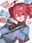  aqua_eyes aqua_hair aqua_necktie birthday birthday_cake black_sleeves bow cake commentary_request drill_hair food fruit grey_jacket grey_shirt grid_background hand_on_own_cheek hand_on_own_face hand_up happy hatsune_miku headset highres iam_yuragi jacket kasane_teto kasane_teto_(sv) necktie one_eye_closed puff_of_air red_eyes red_hair red_trim ribbon shirt shoulder_belt shoulder_boards strawberry striped_clothes striped_jacket synthesizer_v twin_drills twintails utau vocaloid white_bow white_ribbon 
