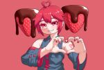  1girl ahoge chocolate commentary_request detached_sleeves drill_hair food food-themed_hair fruit grey_shirt heart heart_ahoge heart_hands highres kanbaru_mitsuki kasane_teto kasane_teto_(utau) long_sleeves looking_at_viewer nail_polish own_hands_together red_eyes red_hair red_nails shirt sleeveless sleeveless_shirt smile solo strawberry twin_drills upper_body utau 