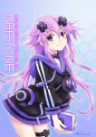  1girl absurdres adult_neptune artist_name blue_background breasts character_name choker colored_stripes commentary_request cowboy_shot d-pad d-pad_hair_ornament double_vertical_stripe gradient_background green_background hair_between_eyes hair_ornament highres holding holding_notebook honeycomb_(pattern) honeycomb_background hood hood_down hooded_jacket jacket kow_(kow0117) long_hair looking_at_viewer medium_breasts neptune_(series) notebook outline parted_bangs purple_eyes purple_hair shin_jigen_game_neptune_vii sidelocks smile solo striped_clothes striped_jacket thigh_strap thighs twitter_username usb 