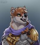  5_fingers absurd_res anthro armor armwear big_pupils biped black_claws canid canine canis cape claws clothing countershading cyberhound domestic_dog eyebrows fangs fingers hi_res invalid_tag looking_away male mammal markings mouth orange_body orange_fingers portrait pupils ruff shiba_inu smile solo spitz standing tan_body teeth three-quarter_portrait topwear white 