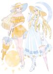  2girls blonde_hair character_request dress enelous gigi_andalusia gloves green_eyes gundam gundam:_hathaway's_flash hat high_heels highres holding holding_umbrella kihel_heim multiple_girls smile sun_hat turn_a_gundam umbrella white_dress white_gloves white_hat yellow_dress yellow_hat 