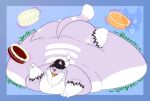 2023 4_fingers anthro back_stripes bell bell_collar belly big_belly big_breasts big_butt biped black_hair black_markings blorp blue_background blue_border blue_collar border breasts butt cake cat_tail chubby_cheeks collar collar_only countershade_fur countershade_torso countershading dessert dipstick_tail domestic_cat extended_sound_effect fat_face feet felid feline felis female female_anthro fingers fluffy food front_view full-length_portrait fur gloves_(marking) green_emanata green_text groan gurgle_(sound_effect) hair hair_over_eyes hi_res huge_belly huge_butt huge_thighs hyper hyper_belly immobile jingle_bell jingle_bell_collar leg_markings long_tail lying magic magic_user mammal markings morbidly_obese morbidly_obese_anthro morbidly_obese_female nude obese obese_anthro obese_female on_front overweight overweight_anthro overweight_female pink_inner_ear pink_nose pointy_ears portrait prick_ears purple_body purple_ears purple_fur purple_tail red_magic red_velvet red_velvet_cake rumbling_stomach simple_background snout socks_(marking) solo sound_effect_variant sound_effects spirit_(spirittabby) sprinkles star_(marking) strawberrymilkdog tabby_cat tail tail_markings telekinesis text thick_thighs thigh_markings toes tuft vowelless vowelless_vocalization watermark weight_gain white_body white_countershading white_hair white_markings white_tuft 