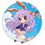  1girl animal_ears artist_name blazer blue_sky blush chibi chibi_only chinese_commentary circle closed_mouth cloud collared_shirt commentary_request day fafa full_body highres jacket long_hair long_sleeves looking_at_viewer necktie pink_skirt pleated_skirt purple_hair purple_jacket rabbit_ears rabbit_girl red_eyes red_necktie reisen_udongein_inaba shirt skirt sky smile socks solo touhou very_long_hair white_shirt white_socks 